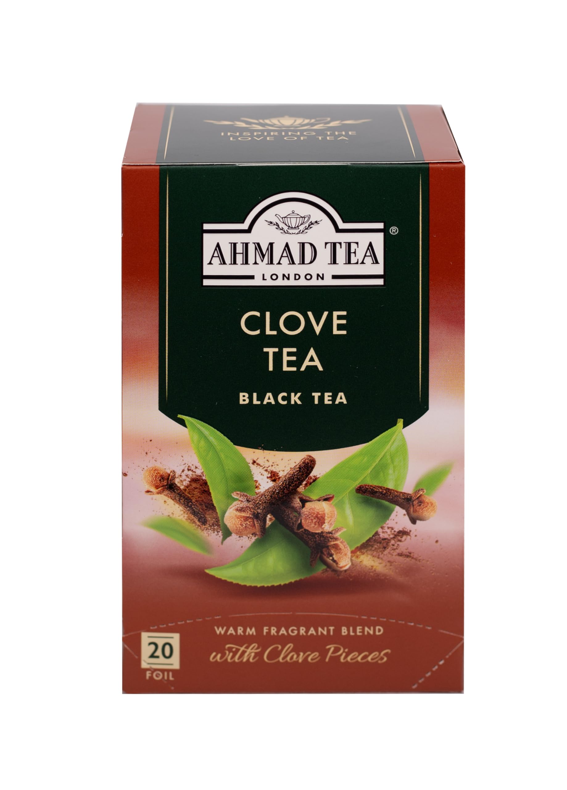 Ahmad Tea Black Tea with Clove teabags in box, ready for a fragrant morning pick-me-up.