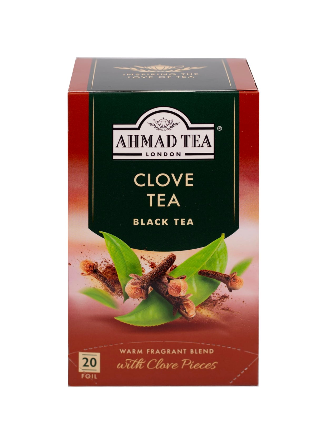 Ahmad Tea Black Tea with Clove teabags in box, ready for a fragrant morning pick-me-up.