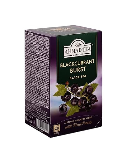 A hot cup of Ahmad Tea Blackcurrant Burst reveals bright color and fruity aroma.