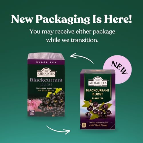 Close-up of Ahmad Tea Blackcurrant Burst tea bags with bold berry notes.