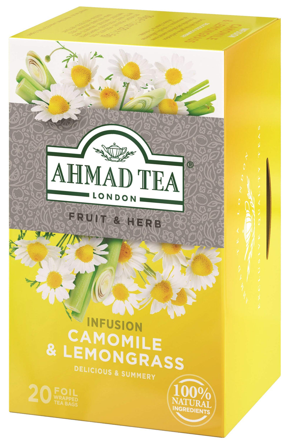 Ahmad Tea Camomile Lemongrass teabag with delicate floral aroma.