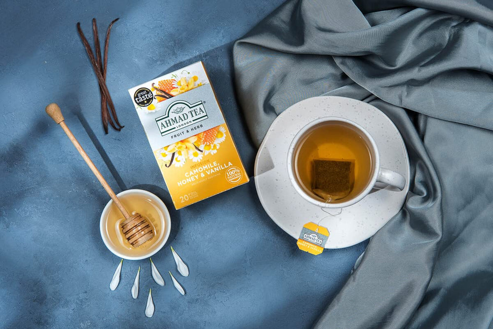 Ahmad Tea Camomile Honey Vanilla foil-wrapped box preserves freshness and quality.