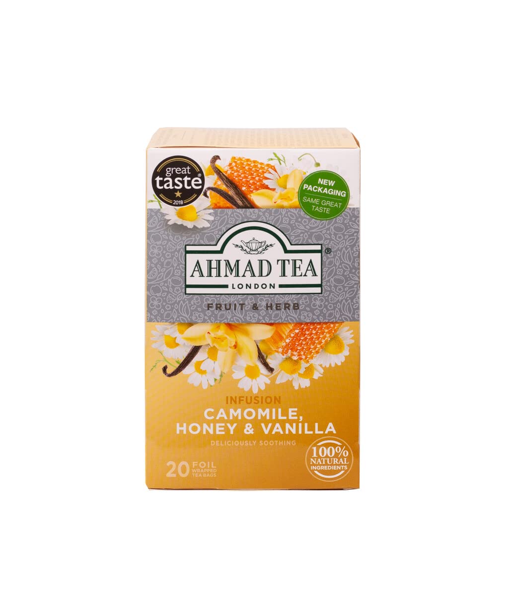 Ahmad Tea Camomile Honey Vanilla tea bag ready to brew for a soothing evening ritual.