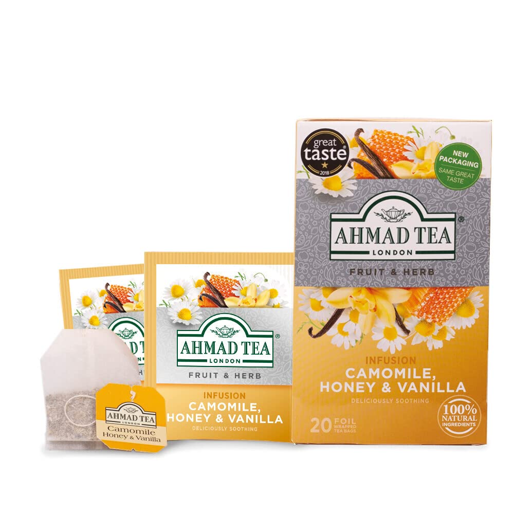 Ahmad Tea Camomile Honey Vanilla ingredients close-up featuring camomile, honey, and vanilla.