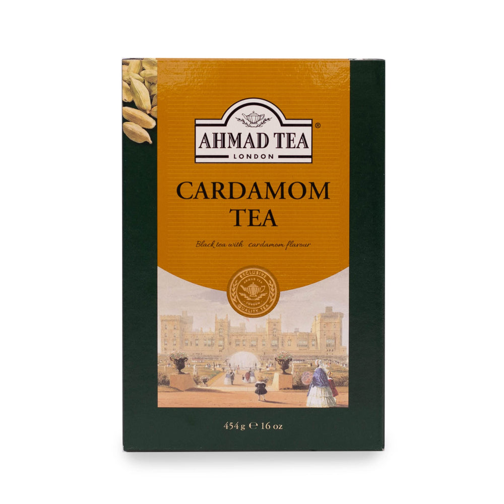 Ahmad Tea Cardamom loose leaf tea in a 454g tin, rich aroma.