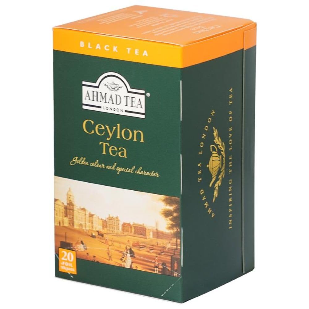 Ahmad Tea Ceylon tea bag front pack energizes your morning.