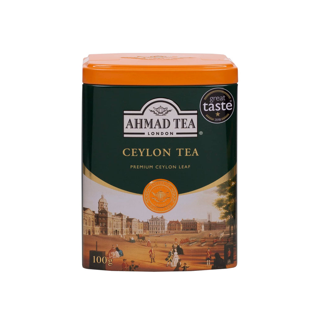 Ahmad Tea Ceylon pack shot showing premium leaves and packaging
