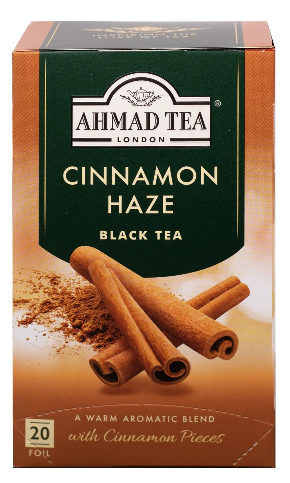 Ahmad Tea Cinnamon Haze box front shows premium packaging for a warming black tea.