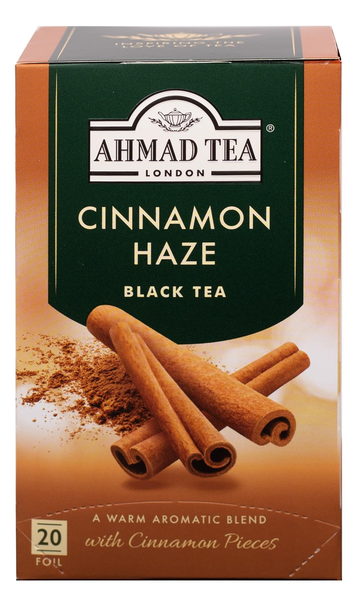 Ahmad Tea Cinnamon Haze box front shows premium packaging for a warming black tea.