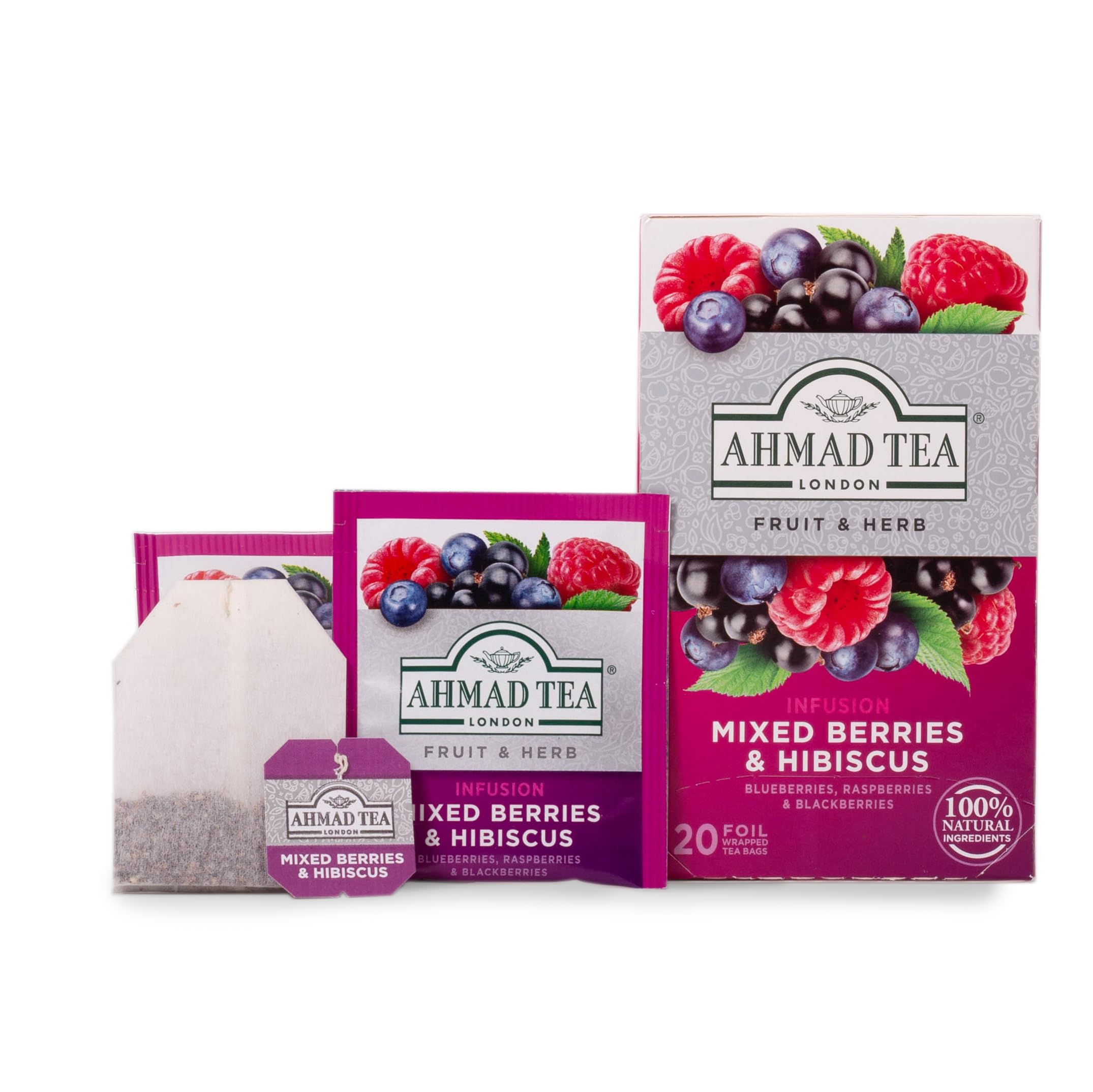 Ahmad Tea Decaffeinated Berries Hibiscus teabags offer a smooth, night-friendly sip