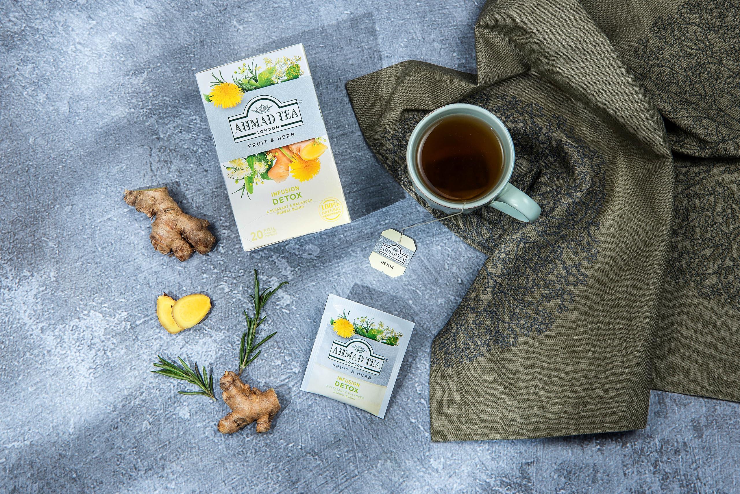 Ahmad Tea Detox tea bag highlighting birch leaves for light, refreshing notes.