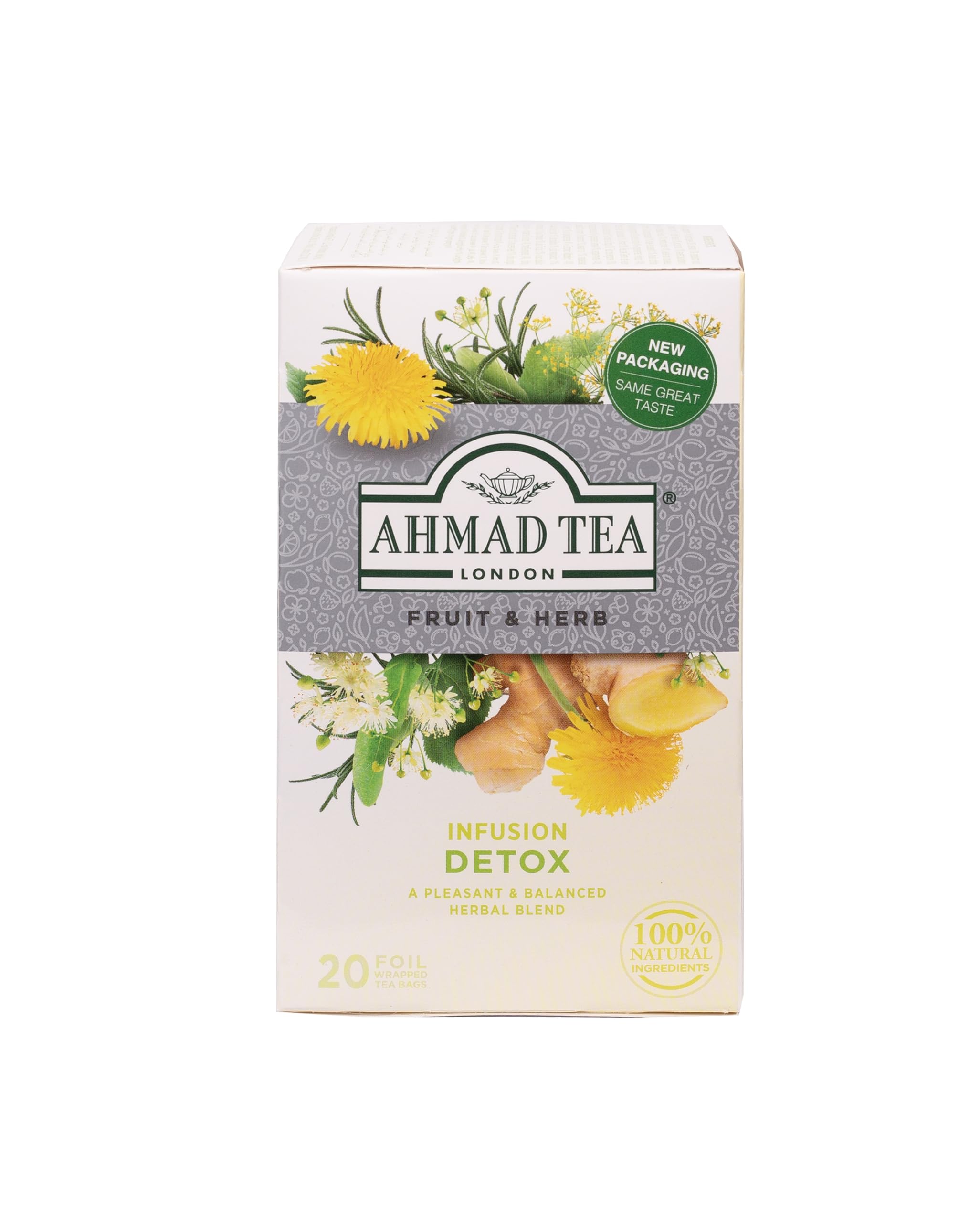 Ahmad Tea Detox tea bag featuring fennel for subtly sweet and savory notes.