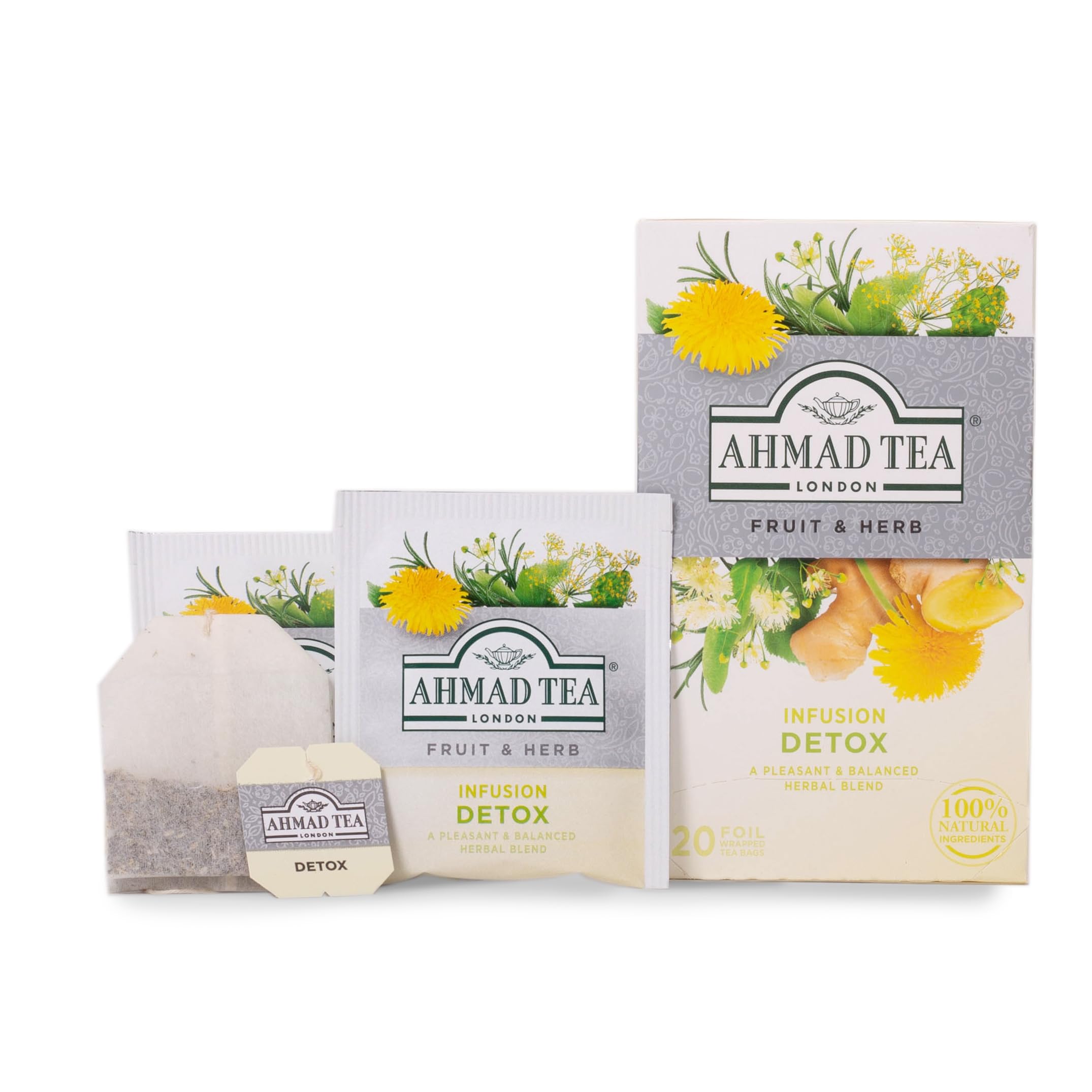 Ahmad Tea Detox tea bag with rosemary and nettle for complex herbal character.