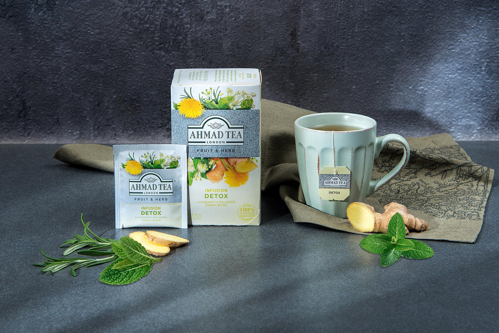 Ahmad Tea Detox brewed cup ready hot or iced for versatile enjoyment.