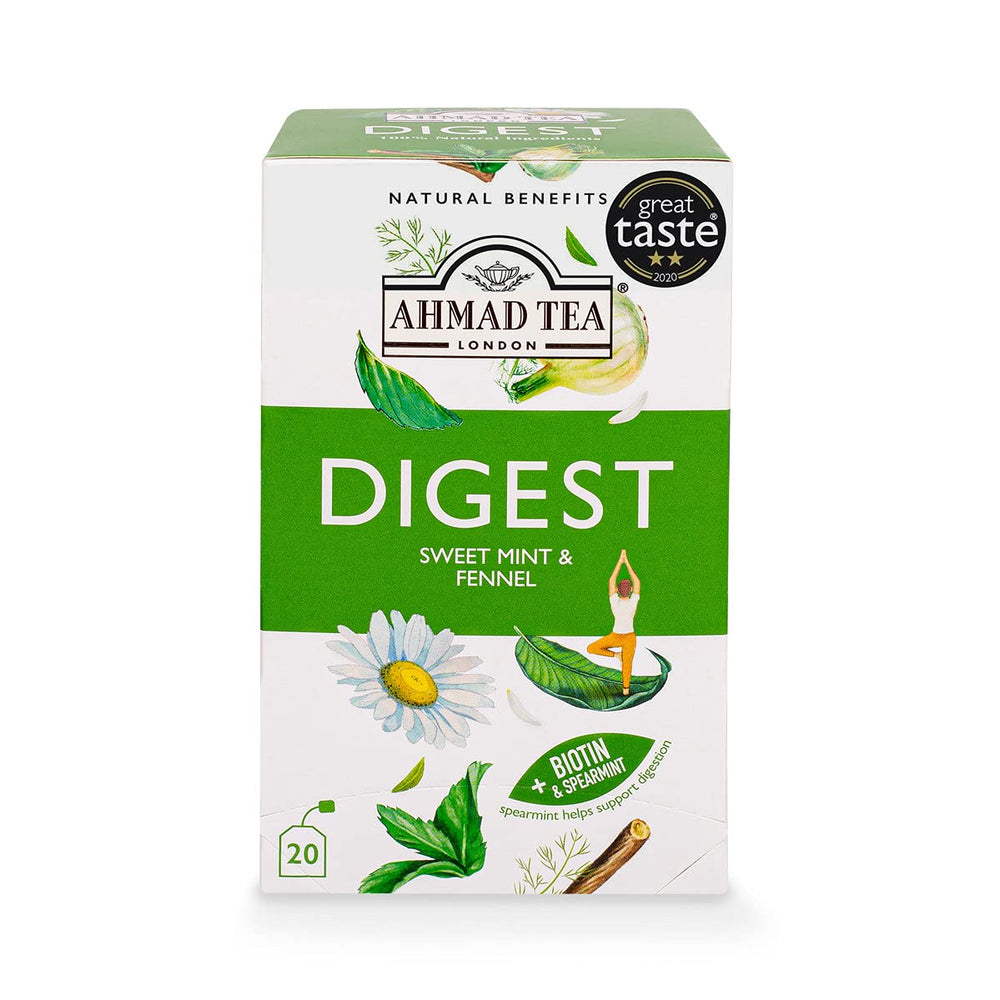 Ahmad Tea Digest cup steaming with mint, offering a calming, caffeine-free moment.