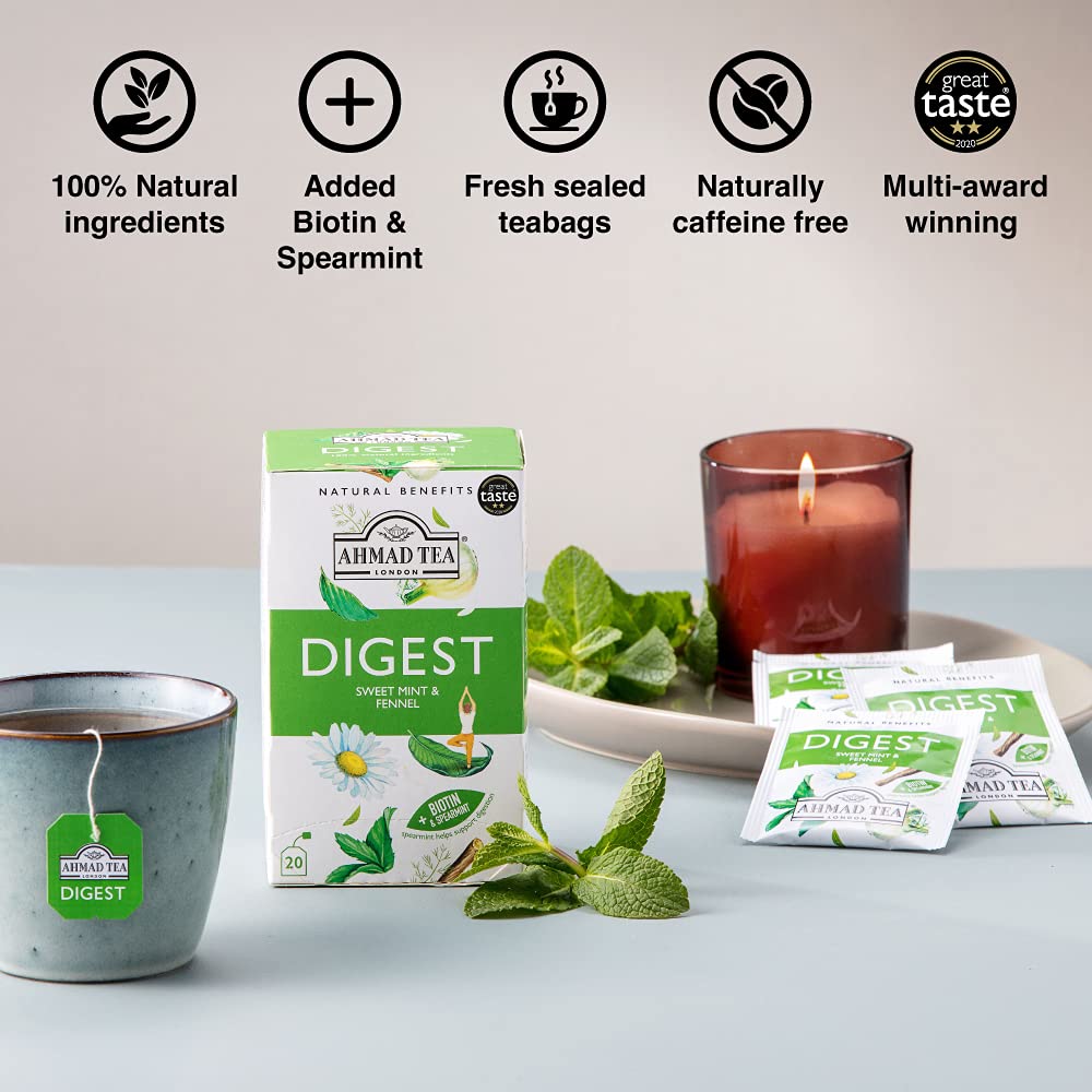 Ahmad Tea Digest mint leaves close-up, hinting at fresh herbal flavor.