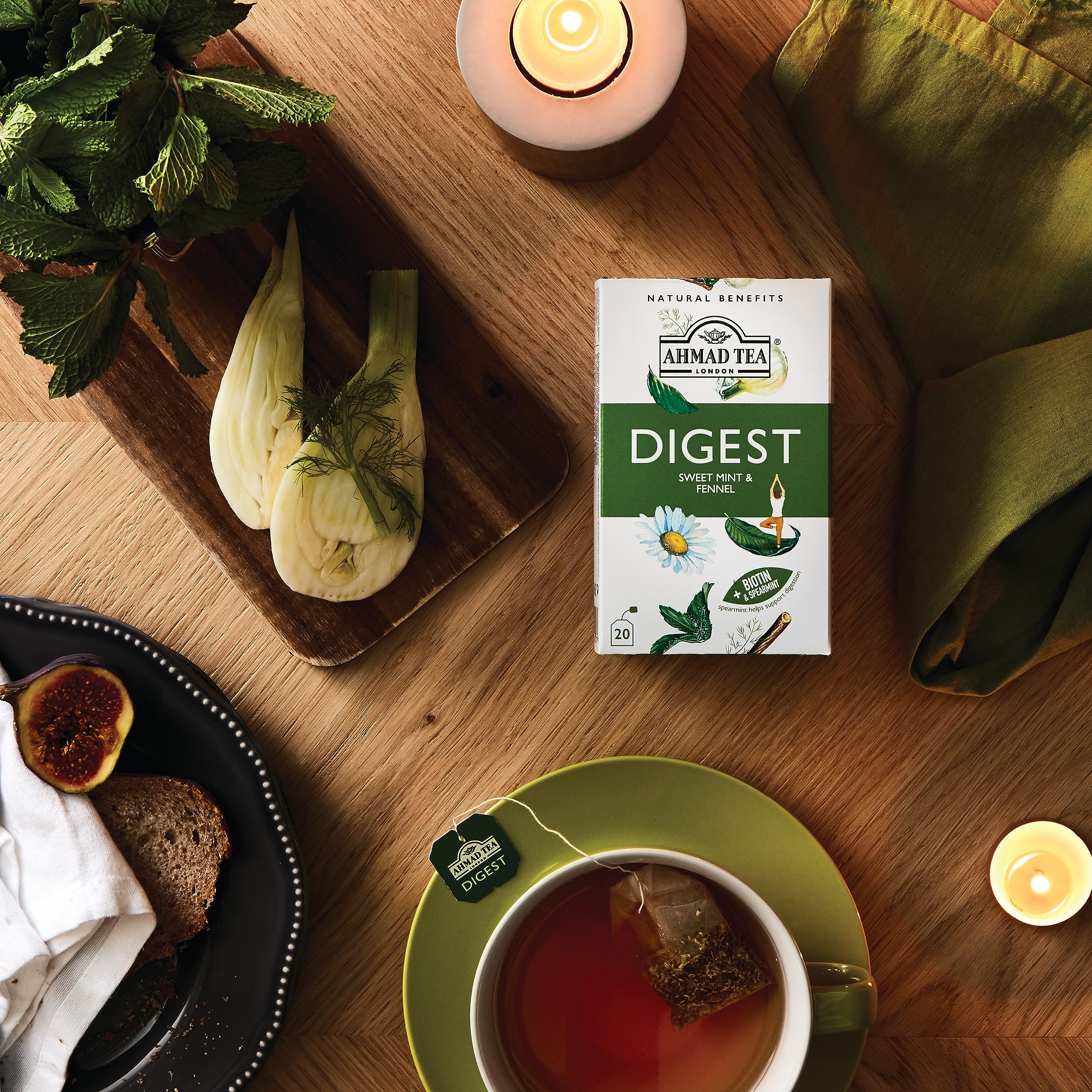 Ahmad Tea Digest packaging on shelf, highlighting decaf and sugar-free features.