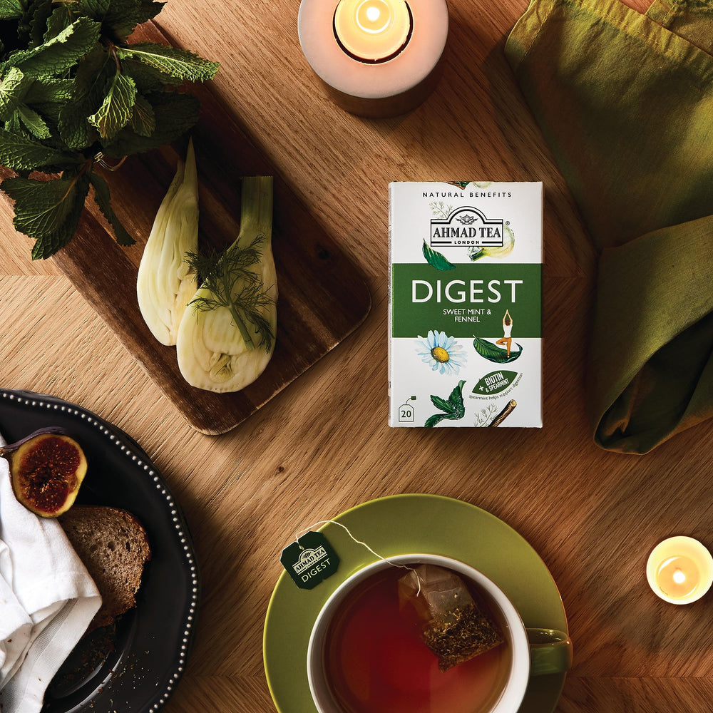 Ahmad Tea Digest packaging on shelf, highlighting decaf and sugar-free features.