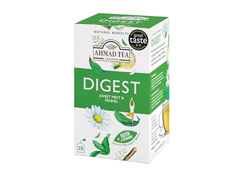 Ahmad Tea Digest tea bags on a tray, a convenient sugar-free option.