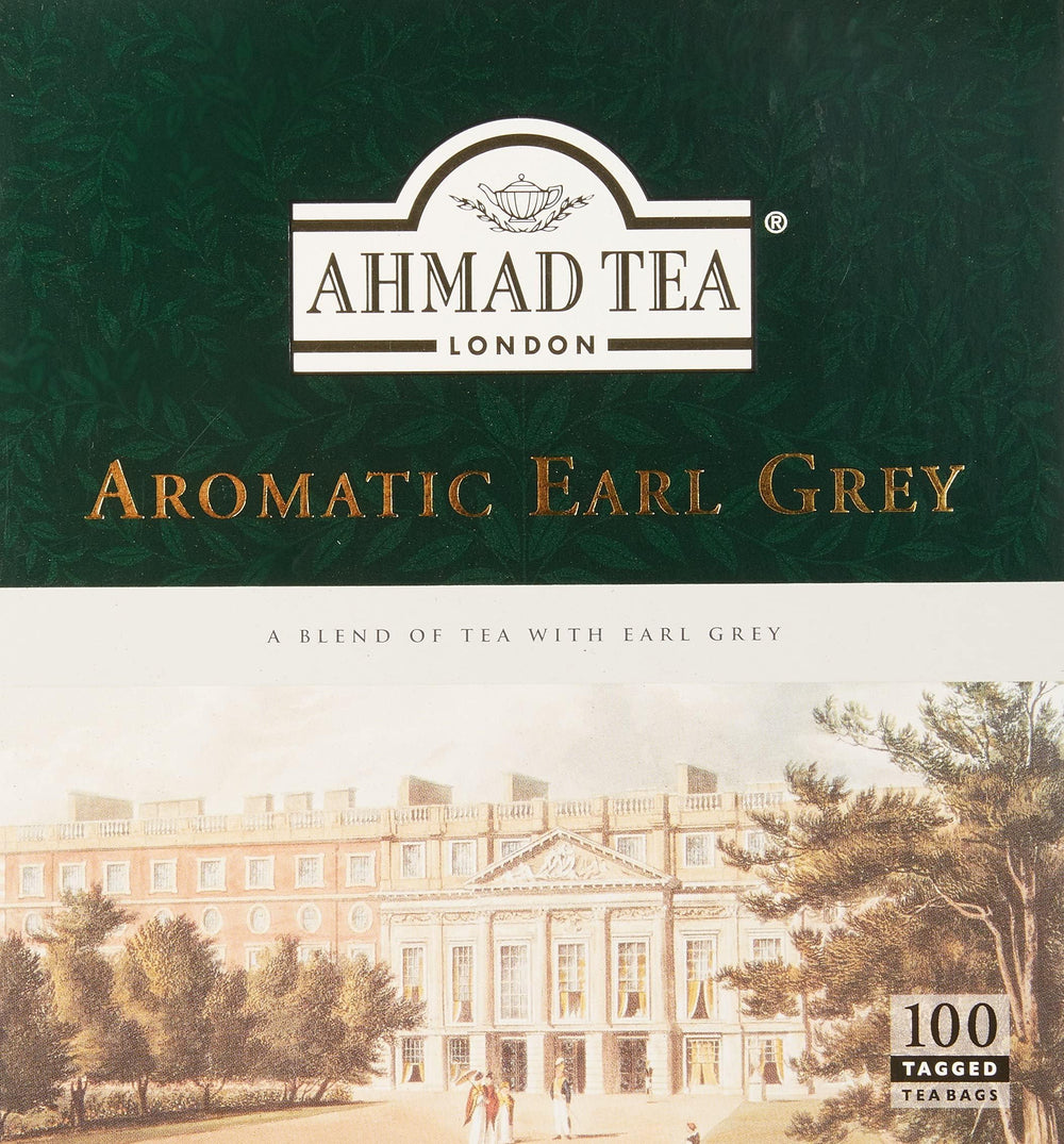Ahmad Tea Earl Grey aromatic teabags in box deliver refined bergamot aroma.