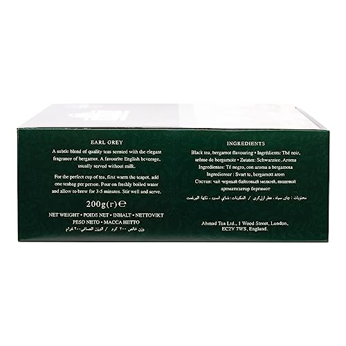 Ahmad Tea Earl Grey brand packaging image highlights premium quality.