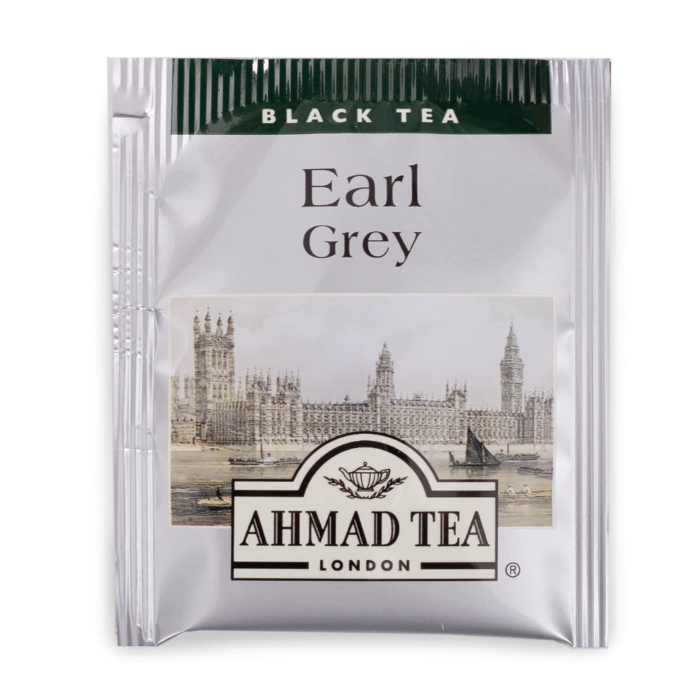 Close-up of Ahmad Tea Earl Grey foil teabags with brew guidance