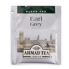 Close-up of Ahmad Tea Earl Grey foil teabags with brew guidance