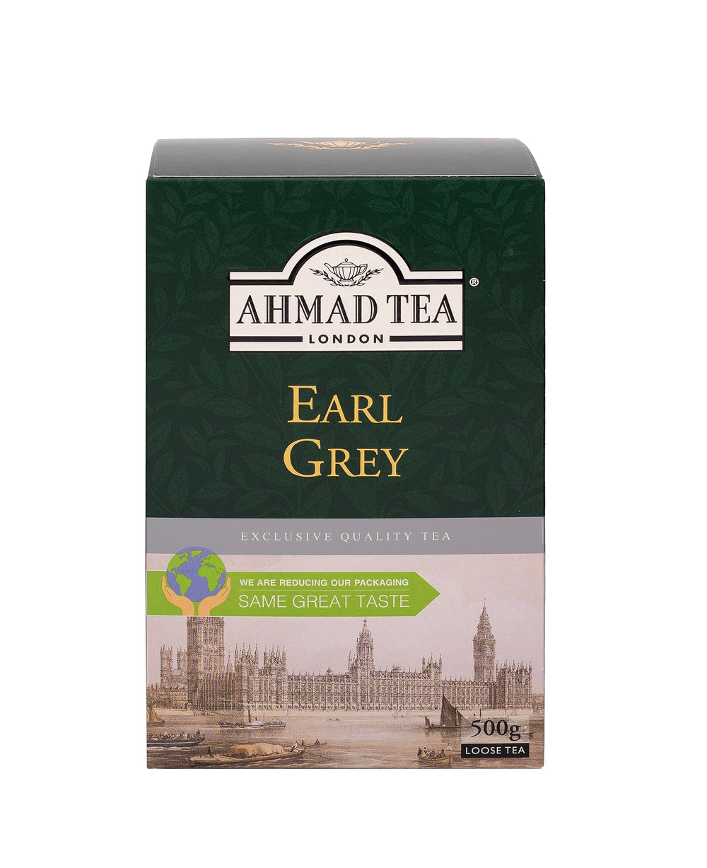 Ahmad Tea Earl Grey loose leaf tin with brisk bergamot aroma for afternoon tea.