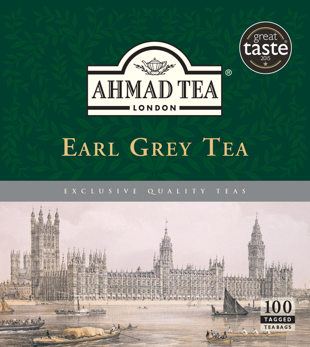 Ahmad Tea Earl Grey teabag in cup highlighting brisk bergamot aroma for a refreshing brew.