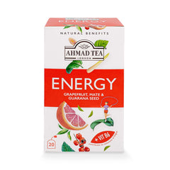 Ahmad Tea Energy tea bag packshot shows a sugar-free, energizing blend.