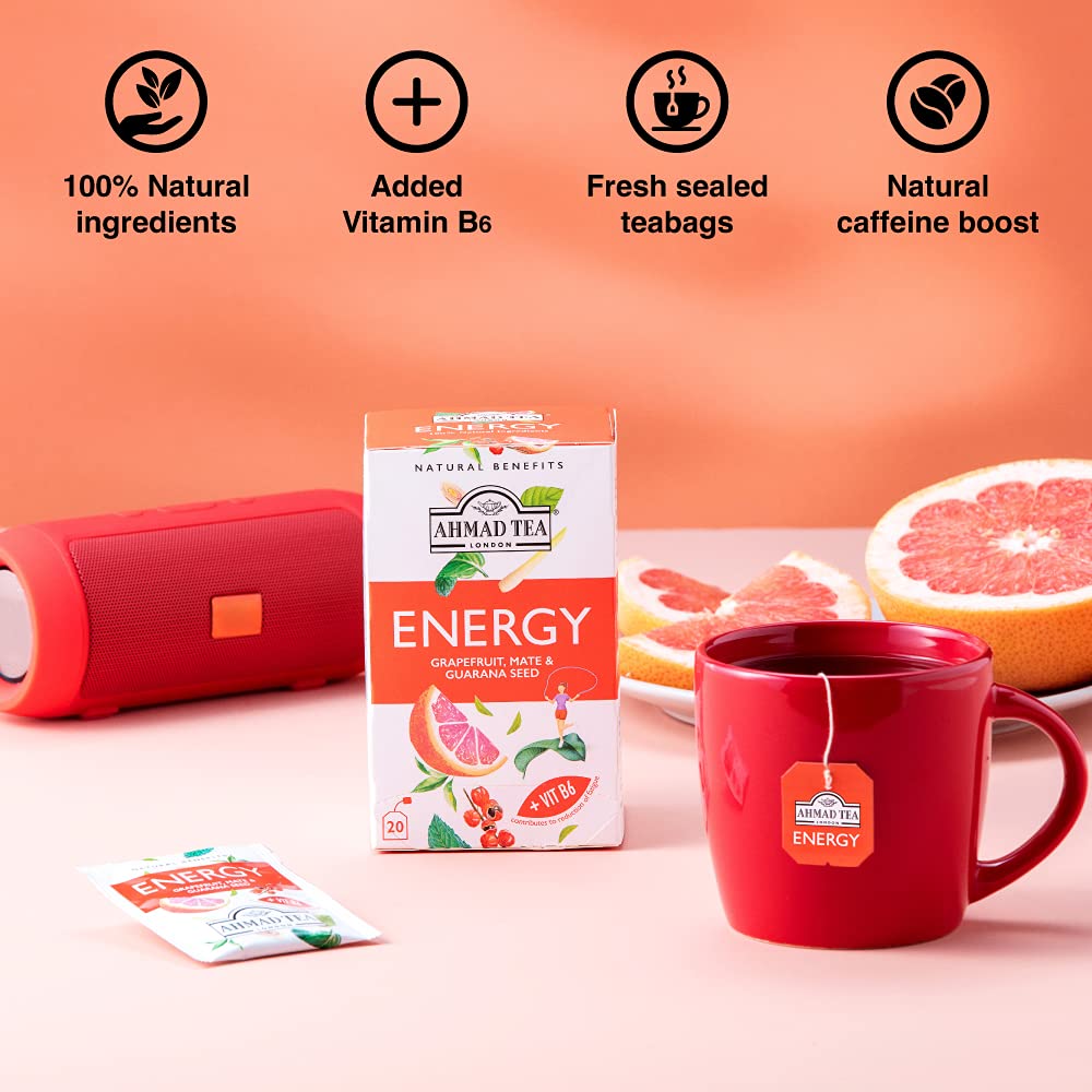 Close-up of the Energy tea label emphasizing vitamin B6 and caffeine.
