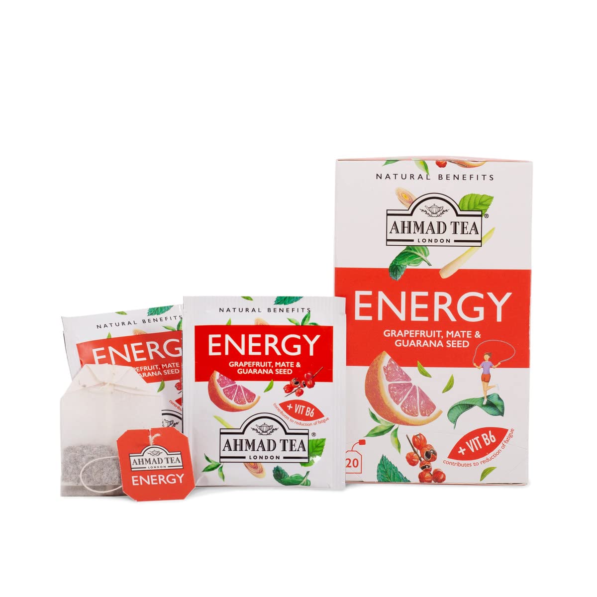 Yerba mate leaves emphasize the natural caffeine source in the blend.