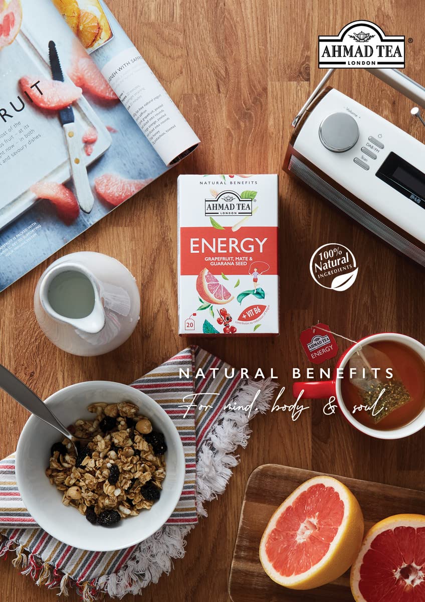 Peppermint and cinnamon notes offer balanced taste in Ahmad Tea Energy.