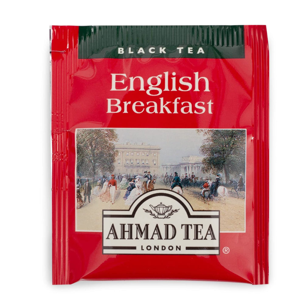 Ahmad Tea English Breakfast brew setup with kettle, ideal for quick mornings.