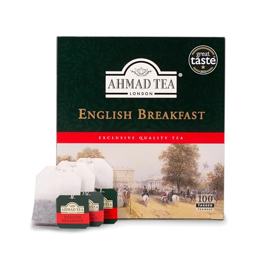 Ahmad Tea English Breakfast cup with milk for a traditional style.