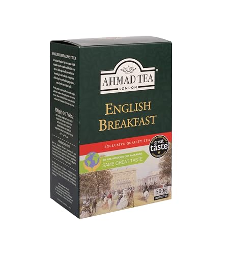 Ahmad Tea English Breakfast cup with milk highlights smooth finish.
