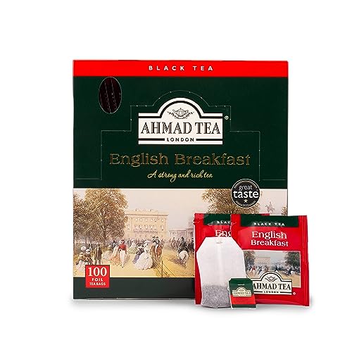 Ahmad Tea English Breakfast steeping in cup reveals warm aroma and amber brew.