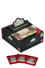 Ahmad Tea English Breakfast teabags close-up highlighting rich, malty blend.