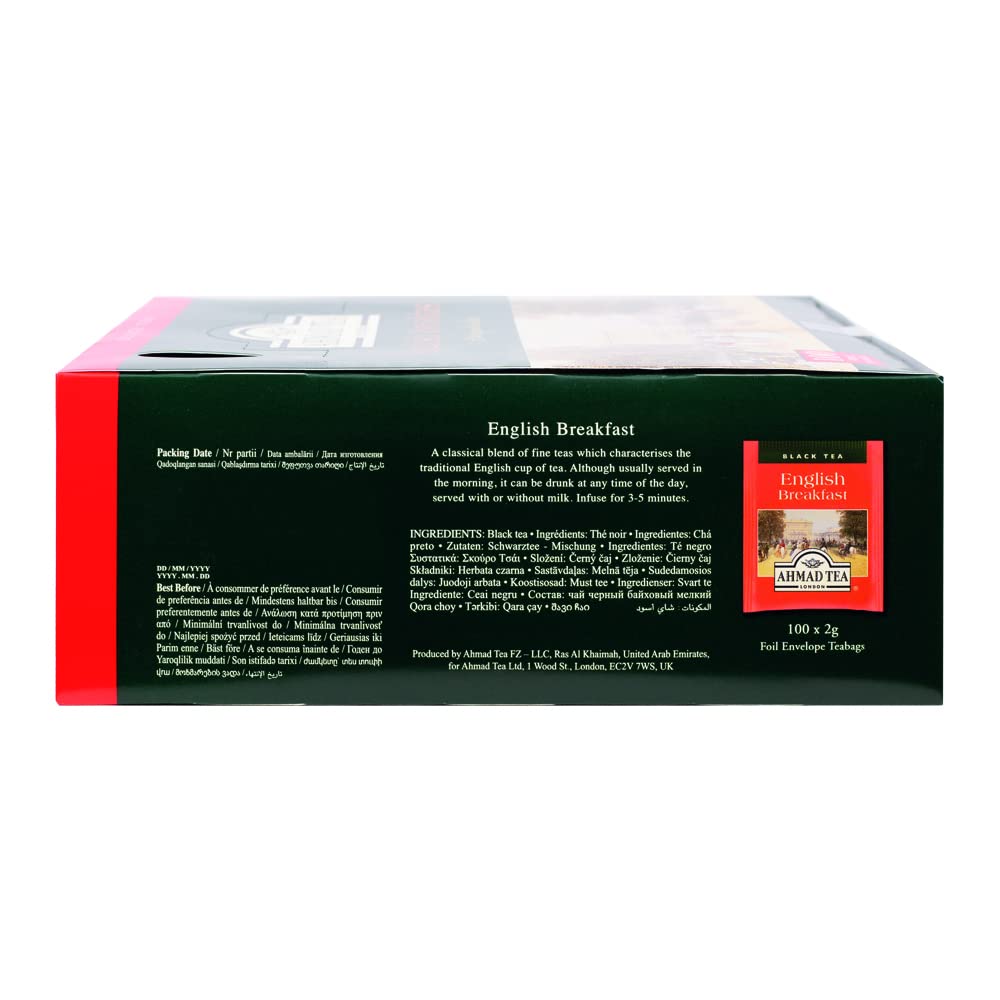 Ahmad Tea English Breakfast teabags stacked for convenient daily prep.