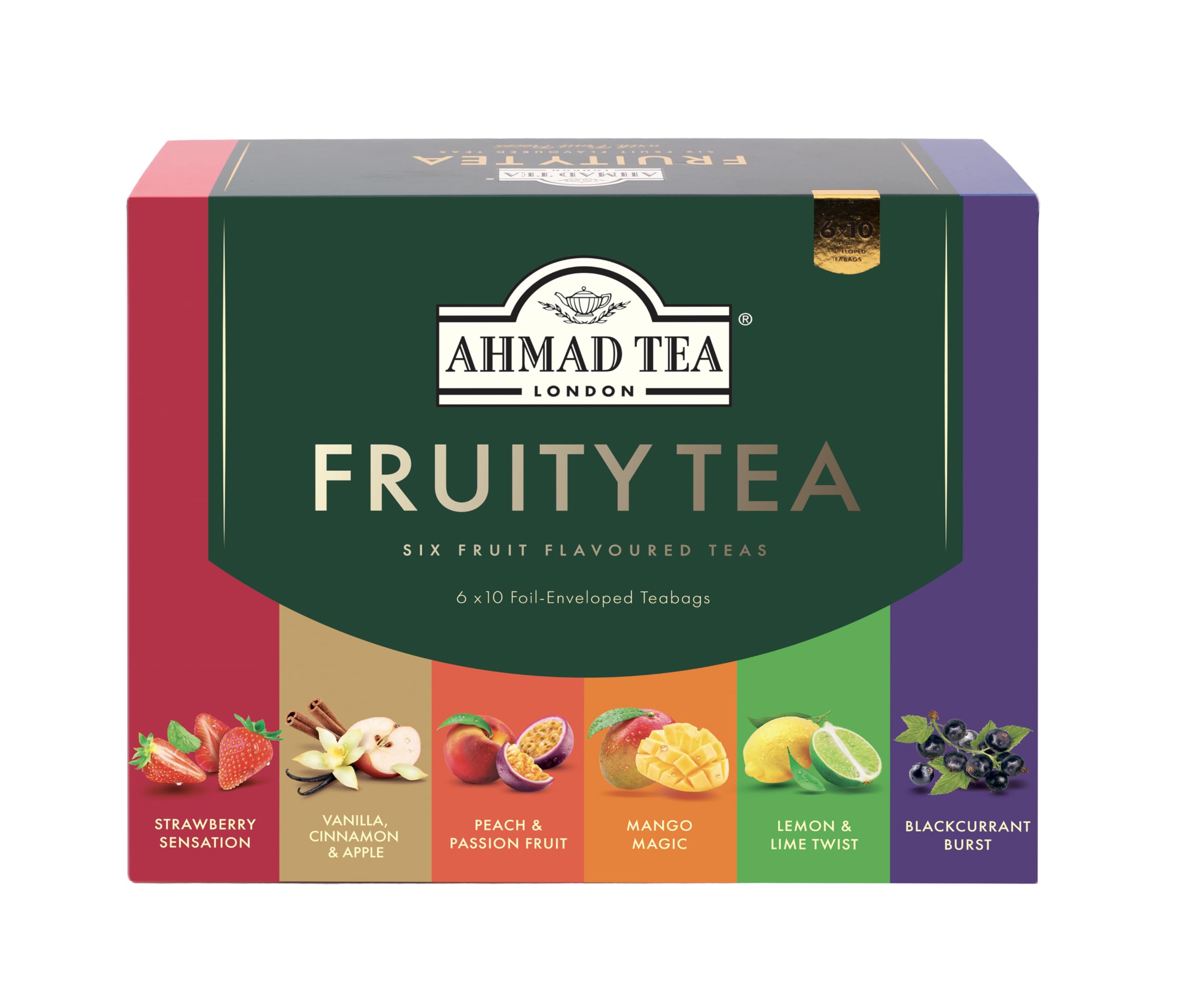 Ahmad Tea Fruitytea sampler box with real fruit pieces for refreshing hot or iced brews