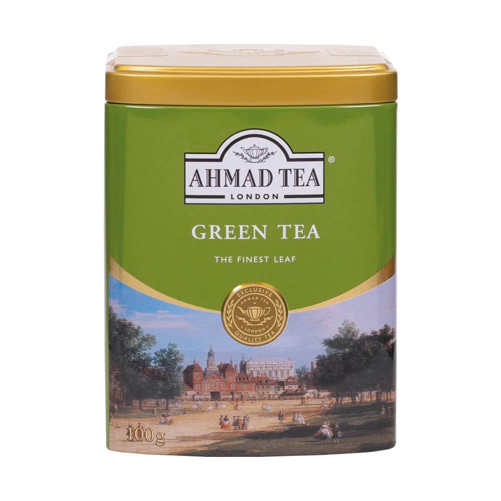 Ahmad Tea Green Tea tin front view, premium packaging for everyday refreshment