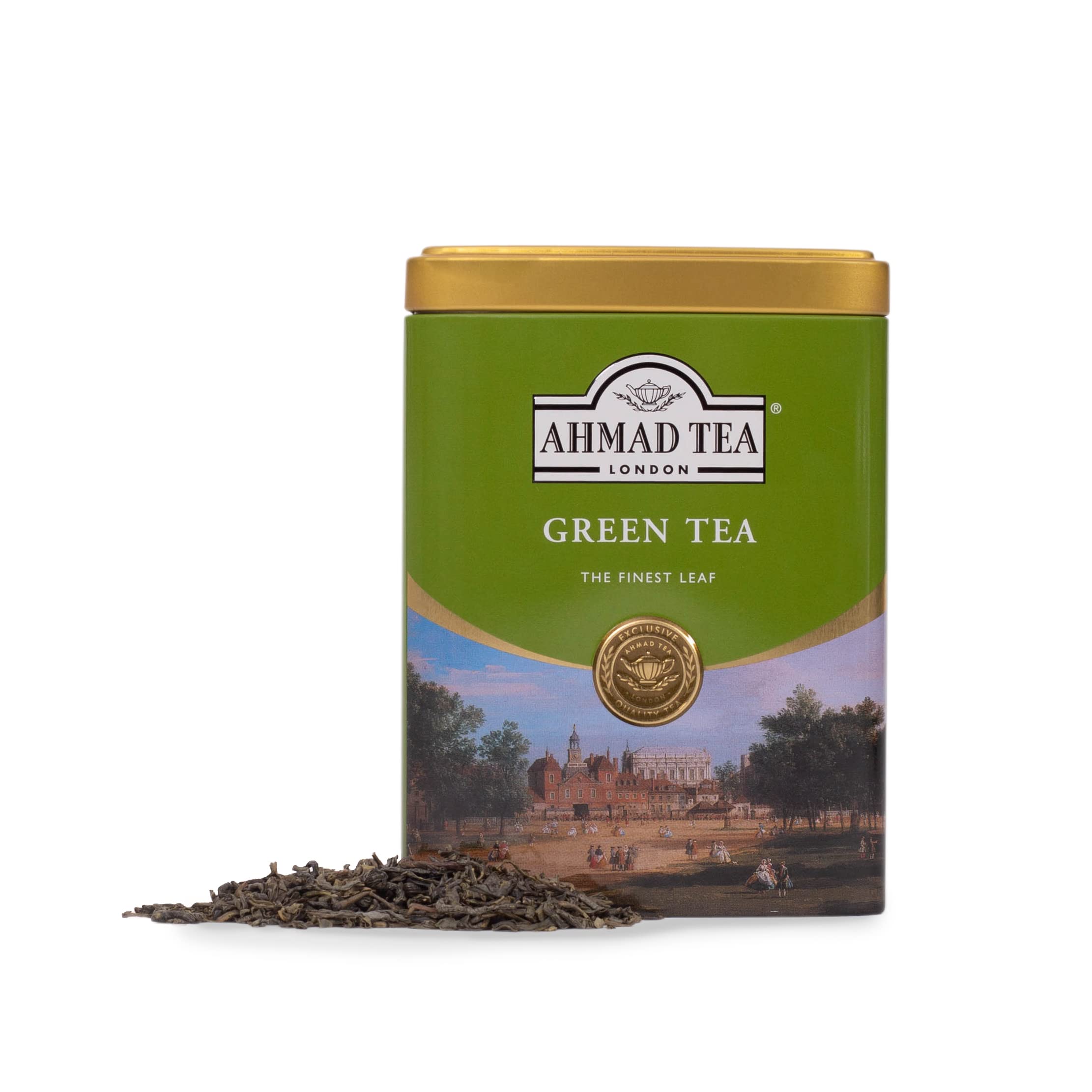 Ahmad Tea Green Tea tin packaging, convenient store-ready design