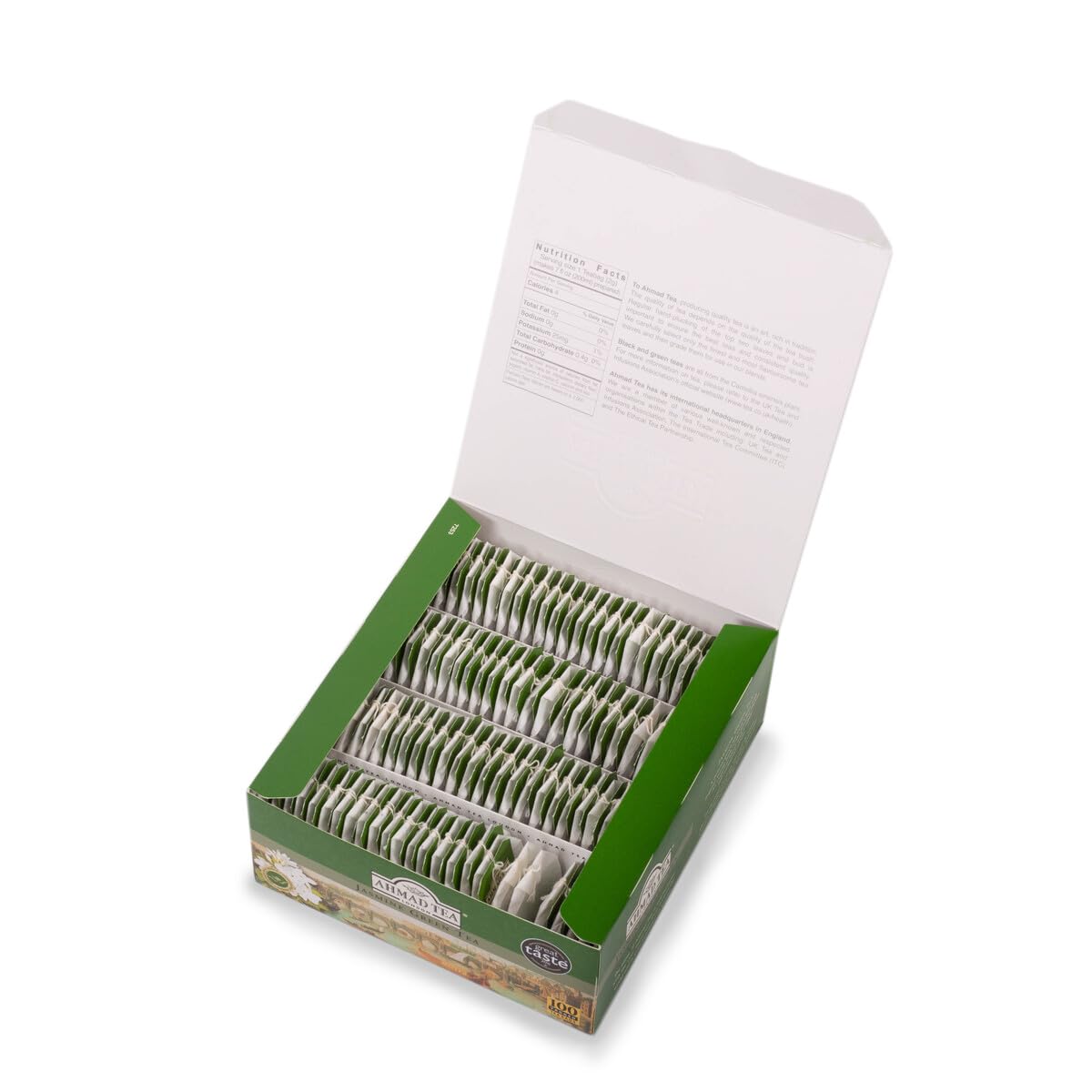 Ahmad Tea Jasmine Green Tea packaging closeup highlighting convenient tagged bags