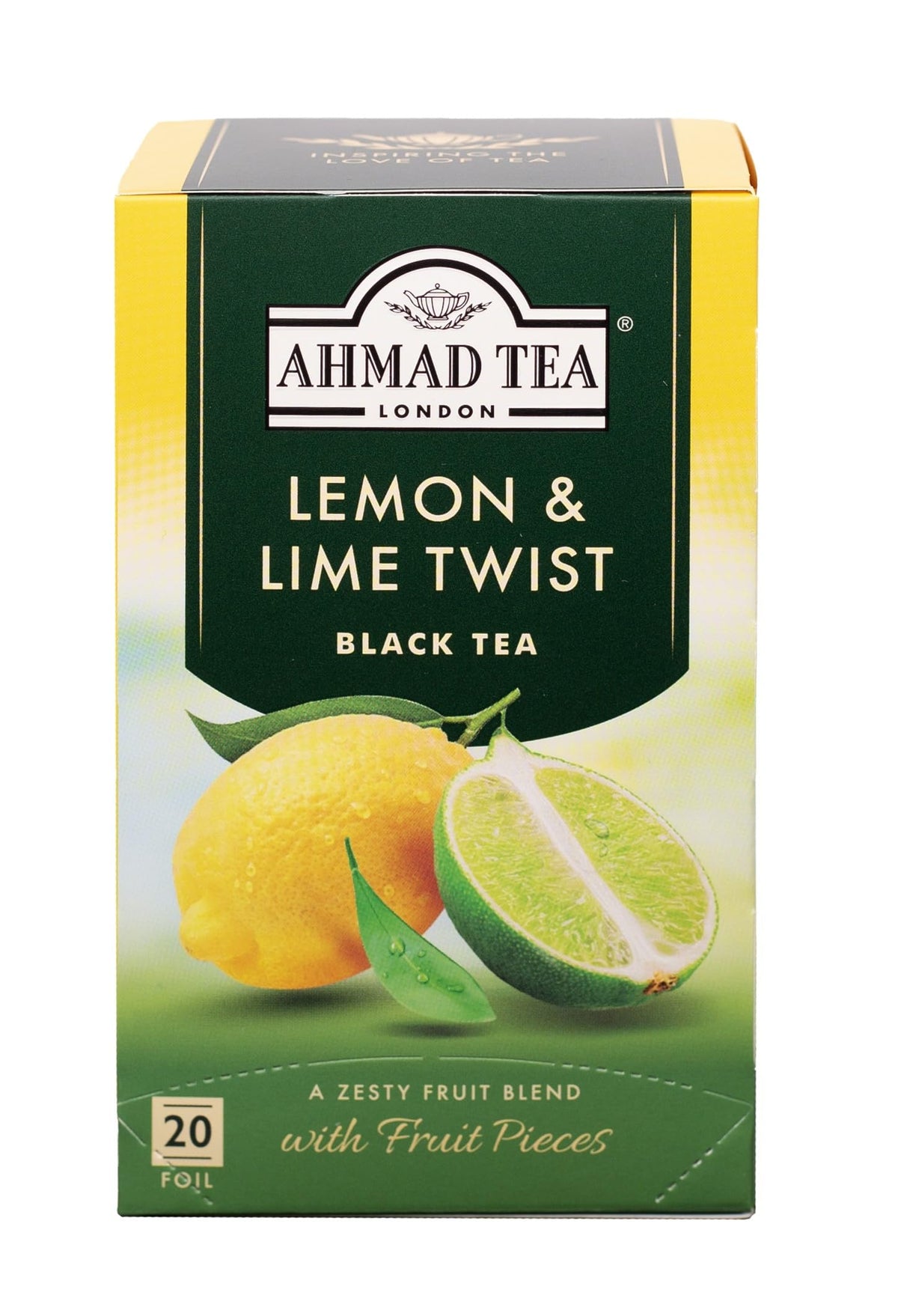 Ahmad Tea Lemon & Lime black tea bags for a zesty, caffeinated brew.