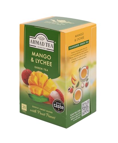 Ahmad Tea Mango & Lychee brewed cup, inviting aroma and smooth finish.