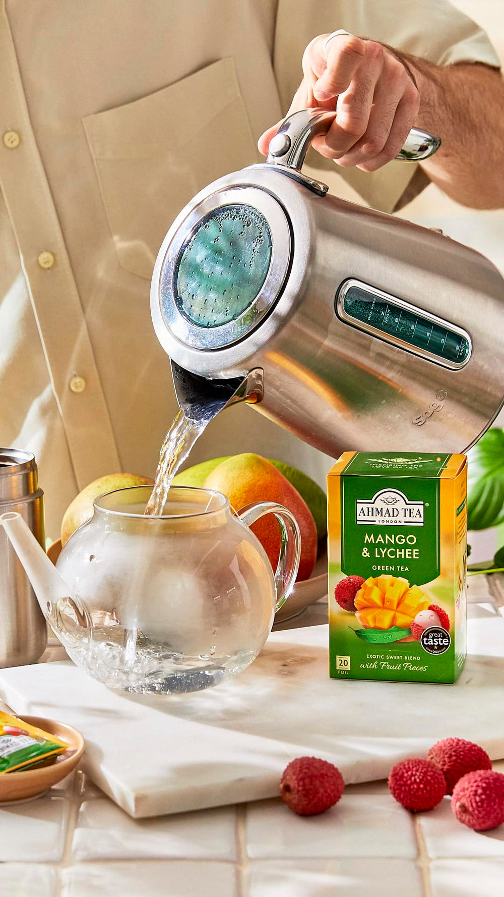 Ahmad Tea Mango & Lychee ingredients list, green tea base with real fruit.