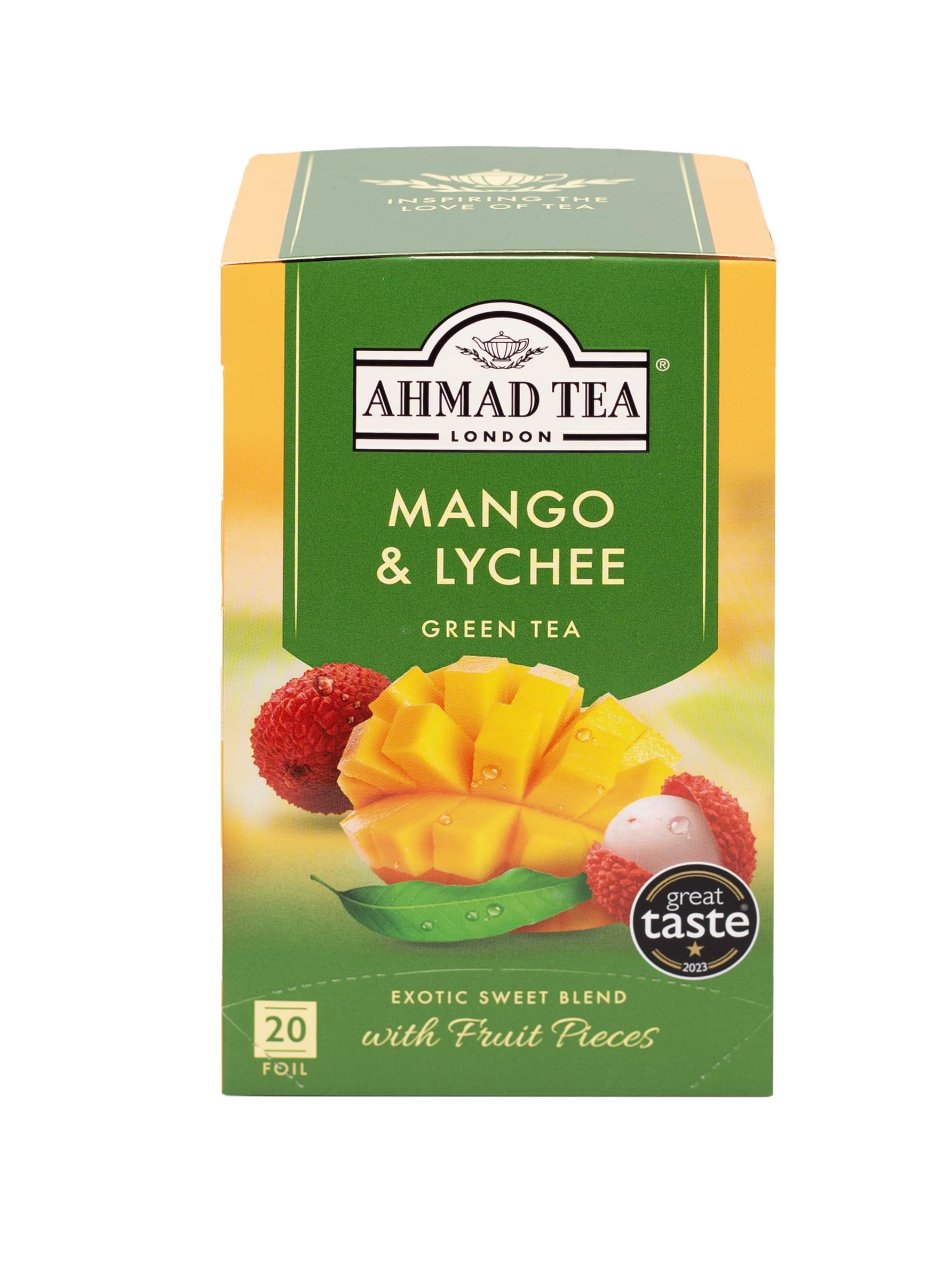 Ahmad Tea Mango & Lychee box front, six-pack green tea for everyday refreshment.