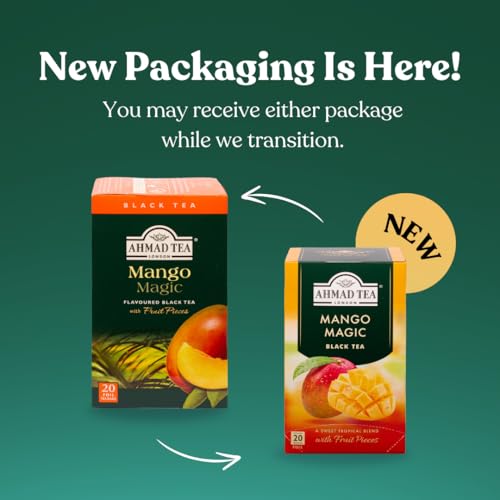 Ahmad Tea Mango Magic mango pieces visible in sachets, enhancing real fruit flavor.