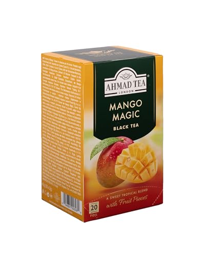 Ahmad Tea Mango Magic packaging displayed on shelf, signaling award-winning quality.