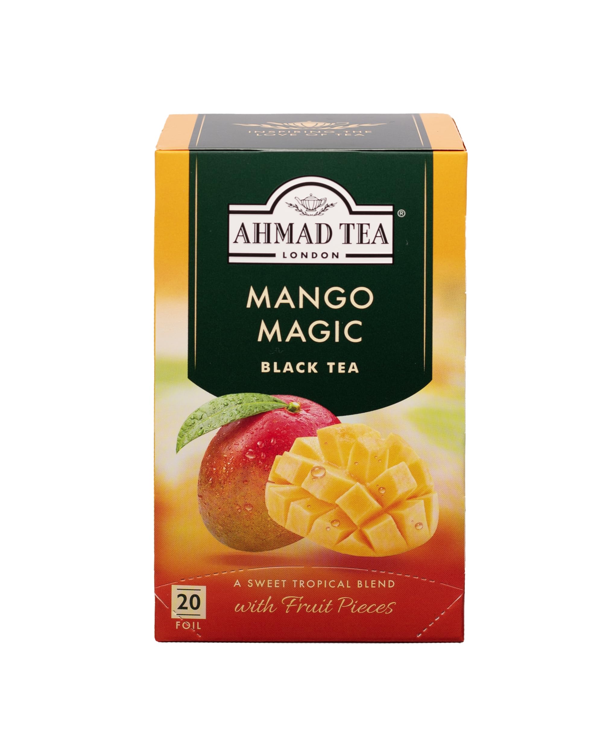 Ahmad Tea Mango Magic tea bags ready to brew with tropical aroma, ideal for everyday rituals.